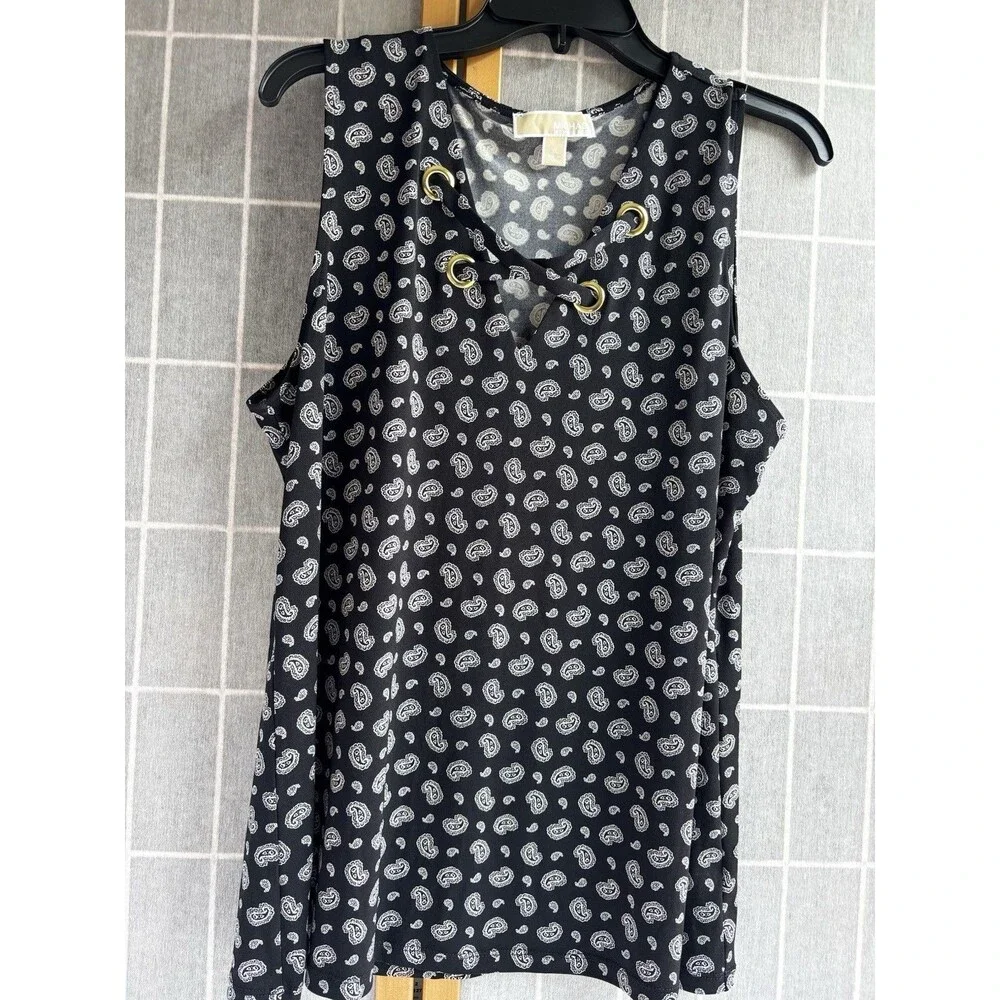 Michael Kors Womens Black Paisley Lace-Up V-Neck Sleeveless Tank Top Size XL